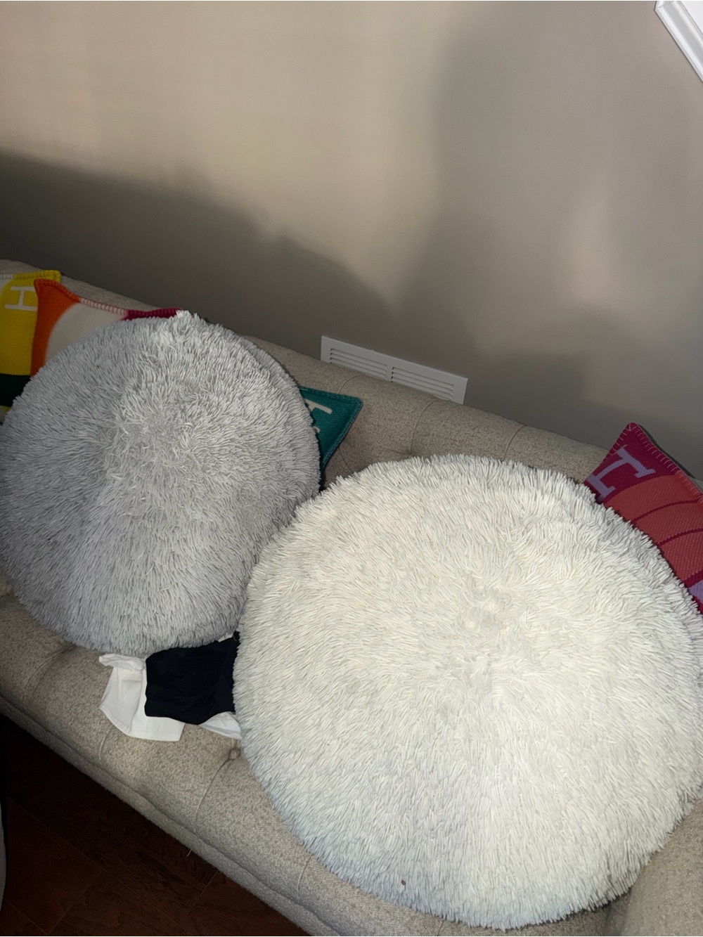 Plush Round Faux Fur Throw Pillow SET OF TWO - Cream and Light Gray